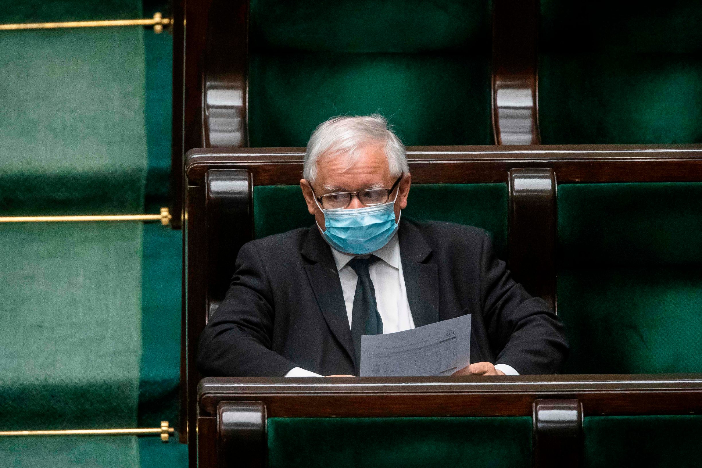 Leader of ruling Law and Justice (PiS) party Jaroslaw Kaczynski attends a session of the lower house of parliament, in Warsaw, May 6, 2020. (Photo by Wojtek RADWANSKI / AFP)