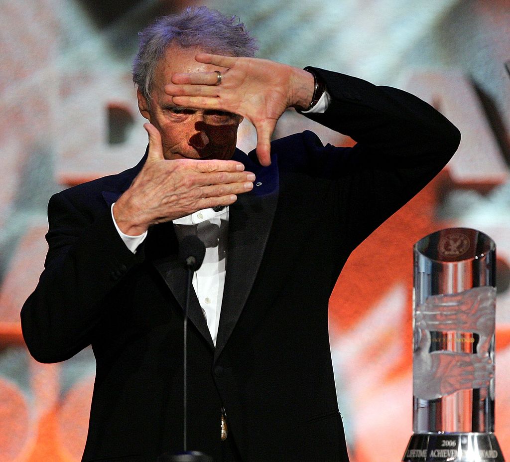 LOS ANGELES, CA - JANUARY 28:  Director Clint Eastwood accepts his Lifetime Achievement Award onstage during the 58th Annual Directors Guild Of America Awards held at Hyatt Regency Century Plaza on January 28, 2006 in Los Angeles, California.  EXCLUSIVE.  (Photo by Vince Bucci/Getty Images)