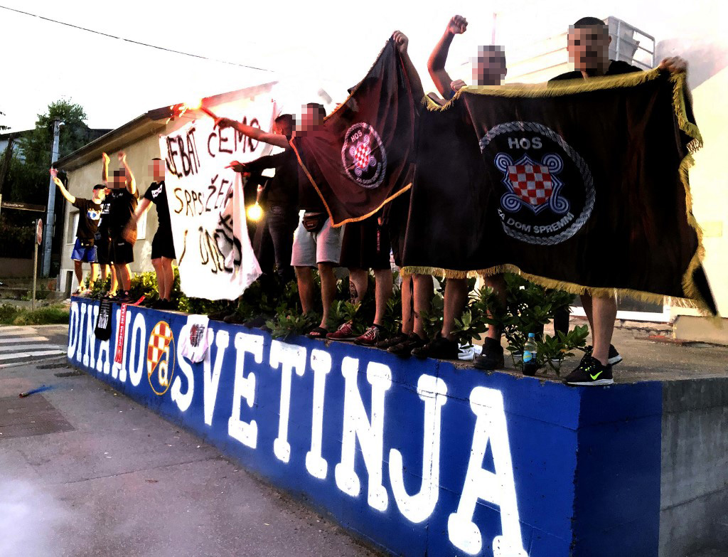EDITORS NOTE: Graphic content / Picutre taken on June 11, 2020, in Zagreb, Croatia, shows an offensive anti-Serb banner displayed by Croatian football fans sparked outrage in the country on June 12, 2020, notably among ethnic Serbs and was strongly condemned by top officials. - The photo of about a dozen Dinamo Zagreb fans standing on an improvised stage and displaying a giant banner that read 