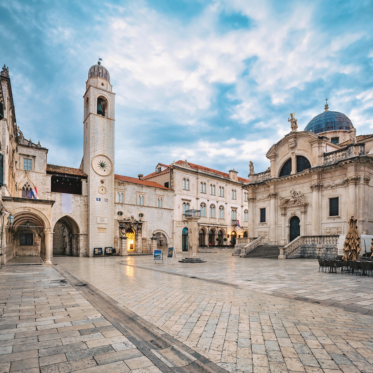 Luza Square with Bell Tower and Church of St. Blaise (St. Vlaho) in the Old Town of  Dubrovnik, Southern Dalmatia, Croatia
