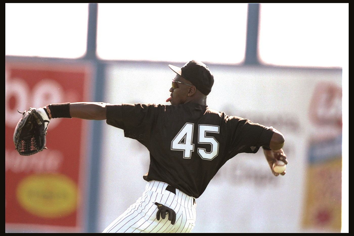 15 FEB 1994:  MICHAEL JORDAN MAKES A THROW DURING HIS FIRST OUTDOOR PUBLIC WORKOUT WITH THE CHICAGO WHITE SOX AT ED SMITH STADIUM IN SARASOTA, FLORIDA. Mandatory Credit: Al Bello  /Allsport