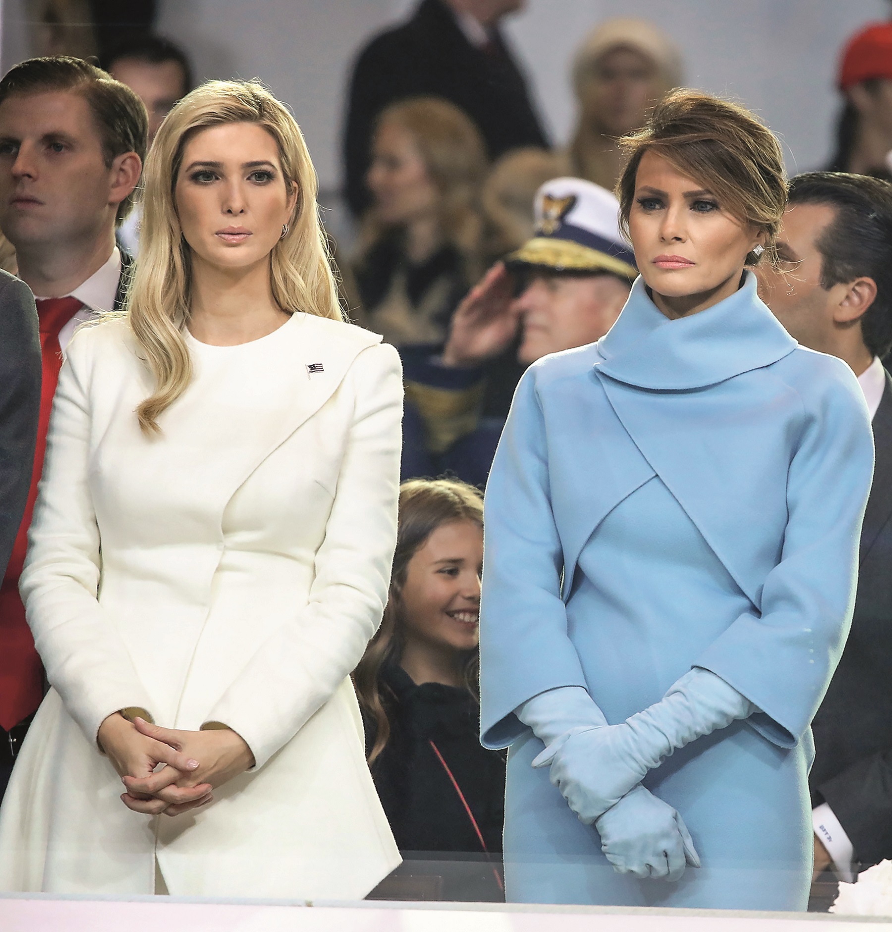WASHINGTON, DC - JANUARY 20: First lady Melania Trump (R), stands with Ivanka Trump as a parade passes the inaugural parade reviewing stand in front of the White House on January 20, 2017 in Washington, DC. Donald Trump was sworn in as the nation's 45th president today.  (Photo by Mark Wilson/Getty Images)