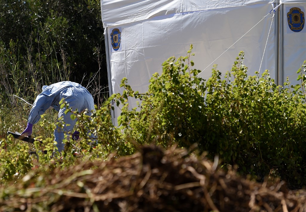 Police investigating the disappearance of British girl Madeleine McCann search the area of scrubland near the holiday apartment in Praia da Luz, near Lagos, where she vanished seven years ago, on June 4, 2014. The joint Portuguese-British operation could last up to a week, and take in three different patches of land, according to Portuguese media reports.  AFP PHOTO / FRANCISCO LEONG (Photo by FRANCISCO LEONG / AFP)