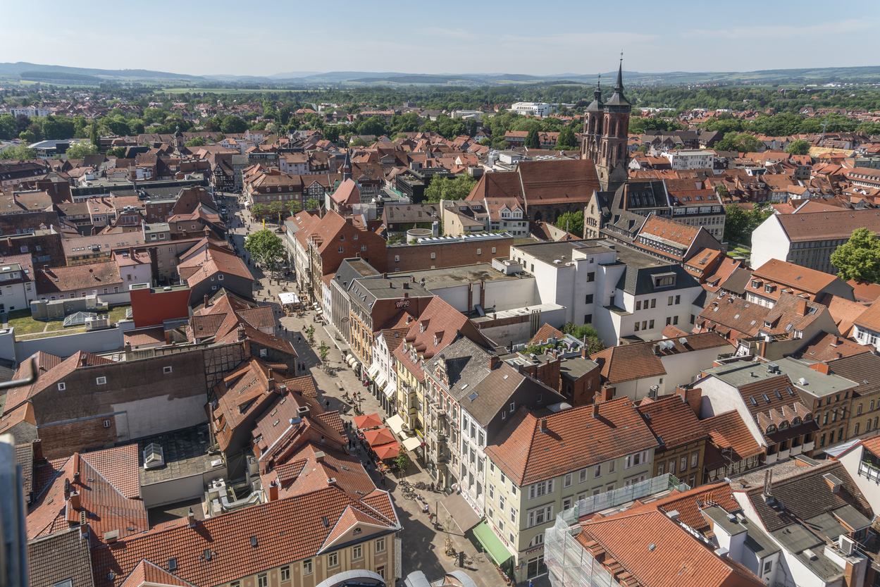 View of the old town with pedestrian zone and church St. Johannis, Göttingen, Lower Saxony, Germany,Image: 374654961, License: Rights-managed, Restrictions: , Model Release: no