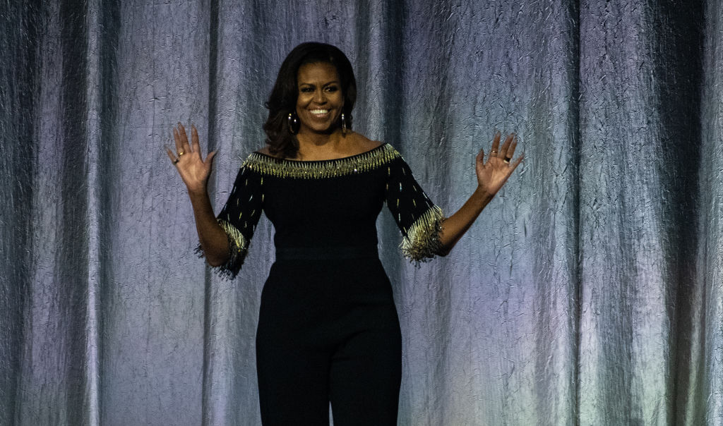 LONDON, ENGLAND - APRIL 14: Michelle Obama on stage as part of her 