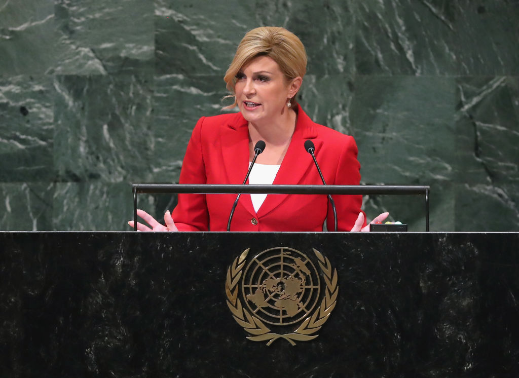 NEW YORK, NY - SEPTEMBER 26:  President of Croatia Kolinda Grabar-Kitarovic addresses the United Nations General Assembly on September 26, 2018 in New York City. World leaders are gathered for the 73rd annual meeting at the UN headquarters in Manhattan.  (Photo by John Moore/Getty Images)