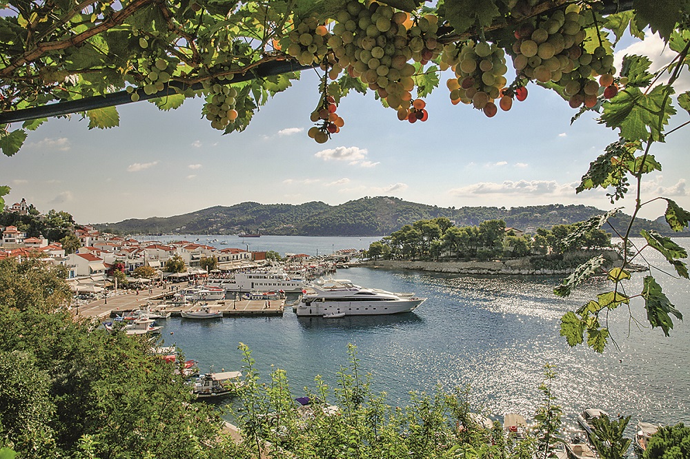 Panorama of old Skiathos Town and Port