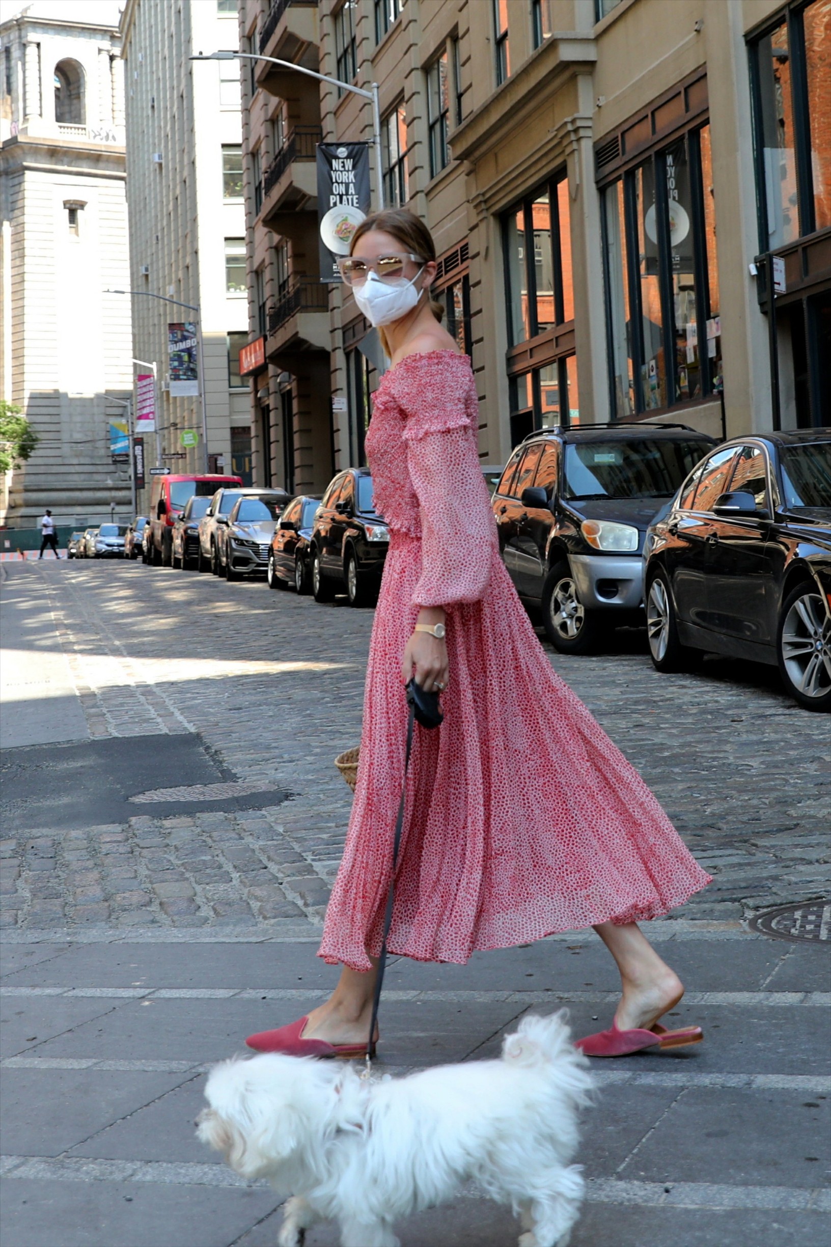 , New York, NY - 20200622 Olivia Palermo, in a pink summer dress ,takes her dog 'Mr Butler' out for a walk in Downtown, Brooklyn.

-PICTURED: Olivia Palermo
-,Image: 534820266, License: Rights-managed, Restrictions: , Model Release: no, Credit line: Jose Perez/INSTARimages.com / INSTAR Images / Profimedia