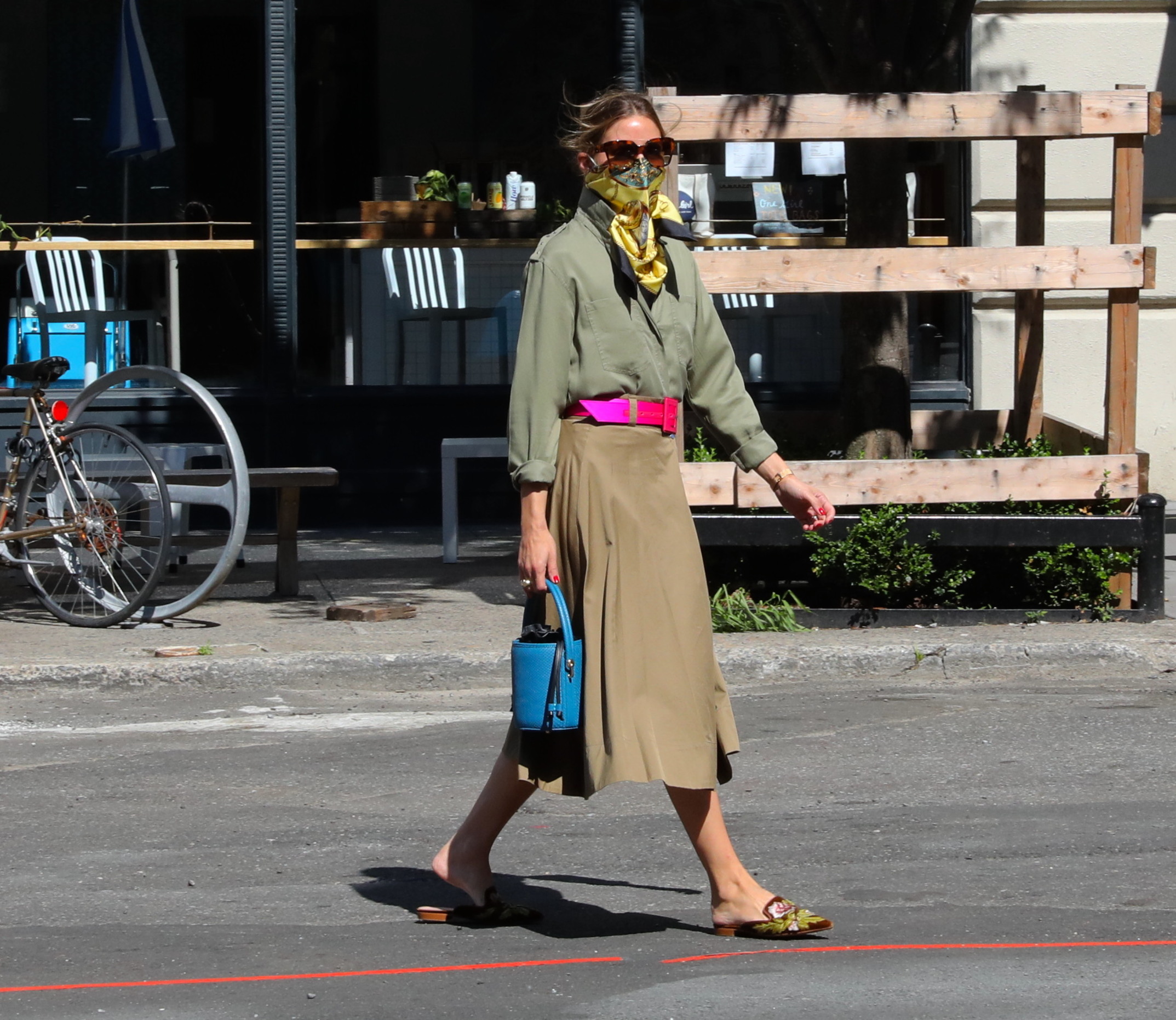 Olivia Palermo mixes bright colors with earth tones as she goes for a stroll in Dumbo, Brooklyn. New York City, New York - Sunday July 12, 2020.,Image: 542629034, License: Rights-managed, Restrictions: N, Model Release: no, Credit line: JP/PacificCoastNews / Pacific coast news / Profimedia