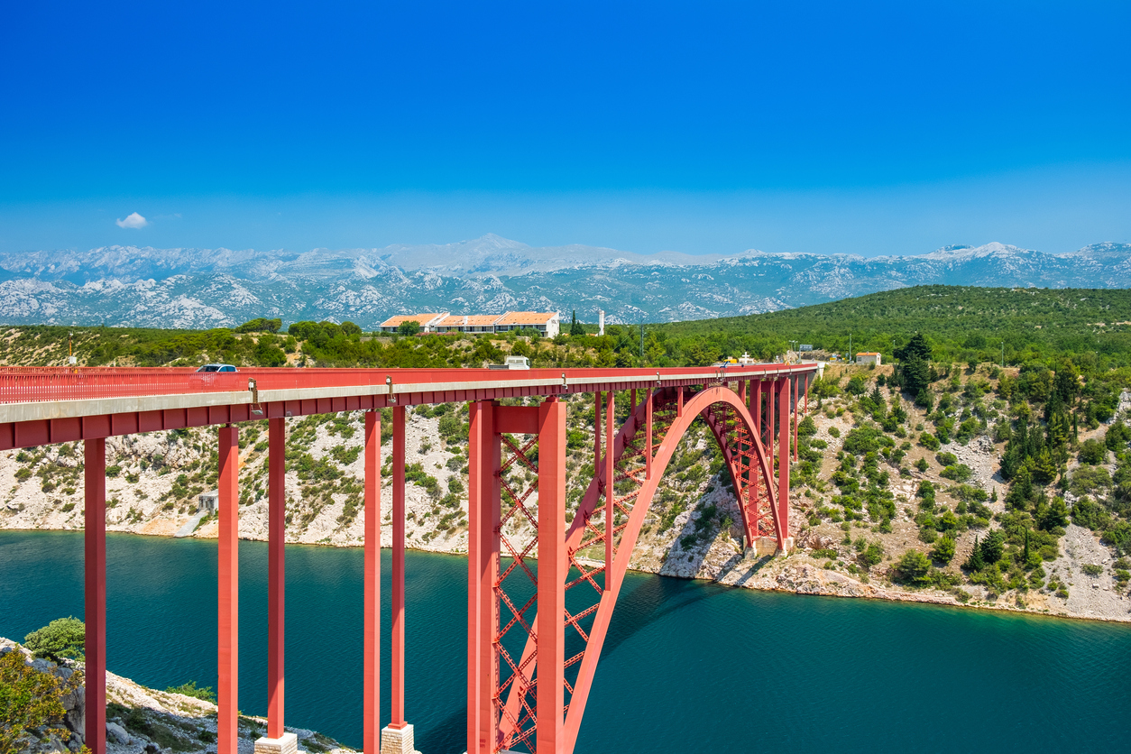 Red bridge on Maslenica, Croatia, summer day, Dalmatian landscape