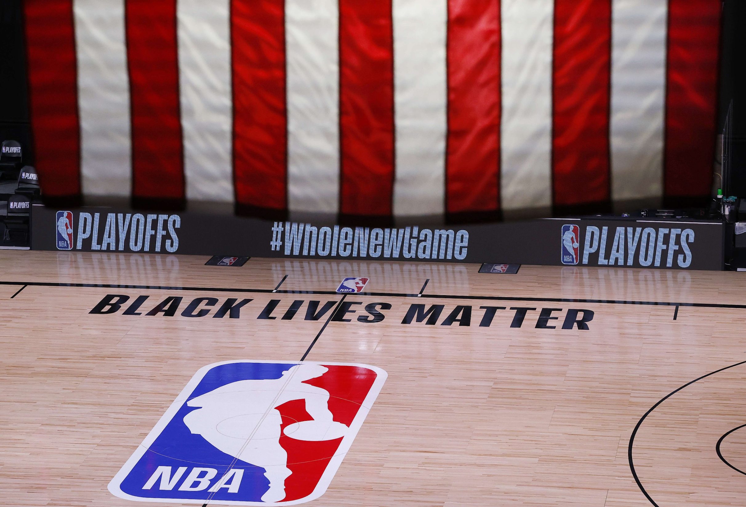 LAKE BUENA VISTA, FLORIDA - AUGUST 26: An empty court and bench is shown following the scheduled start time in Game Five of the Eastern Conference First Round between the Milwaukee Bucks and the Orlando Magic during the 2020 NBA Playoffs at AdventHealth Arena at ESPN Wide World Of Sports Complex on August 26, 2020 in Lake Buena Vista, Florida. The Milwaukee Buck have boycotted game 5 reportedly to protest the shooting of Jacob Blake in Kenosha, Wisconsin. NOTE TO USER: User expressly acknowledges and agrees that, by downloading and or using this photograph, User is consenting to the terms and conditions of the Getty Images License Agreement.   Kevin C. Cox/Getty Images/AFP
== FOR NEWSPAPERS, INTERNET, TELCOS & TELEVISION USE ONLY ==