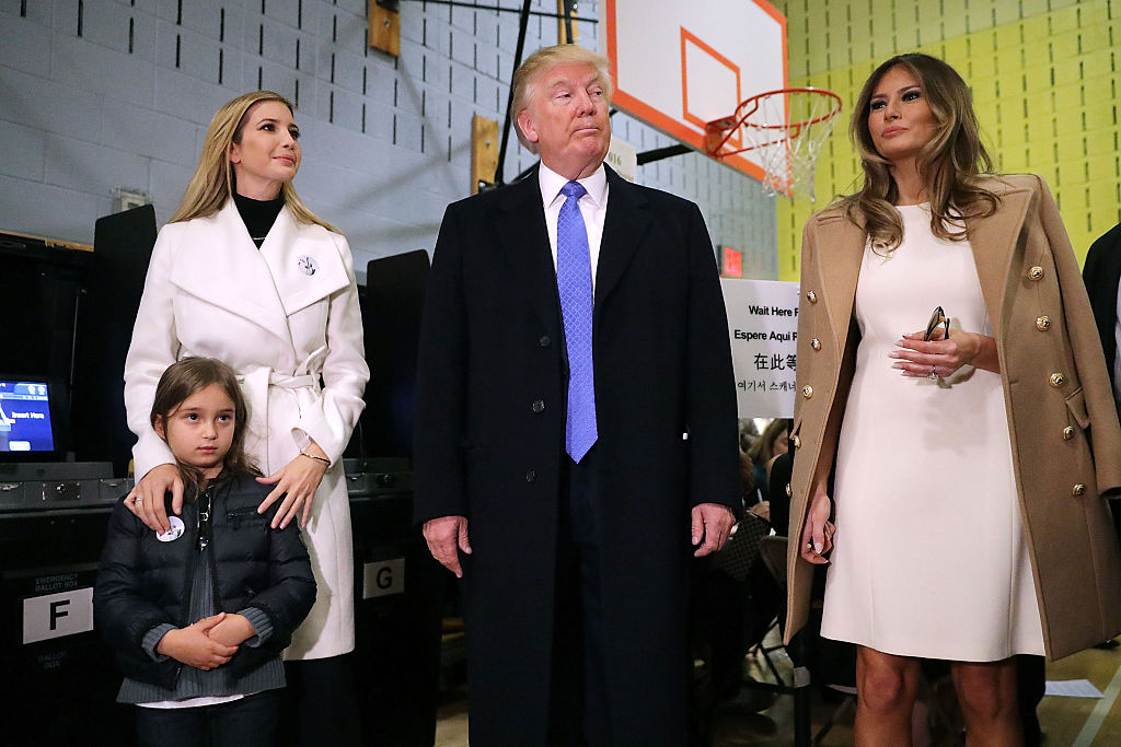 NEW YORK, NY - NOVEMBER 08:  Republican presidential nominee Donald Trump is joined by his wife Melania Trump (R), daughter Ivanka Trump (L) and granddaughter Arabella Rose Kushner as they vote on Election Day at PS 59 November 8, 2016 in New York City. Trump's marathon final two days of campaigning marched through 10 cities in two days, stretching into Election Day.  (Photo by Chip Somodevilla/Getty Images)