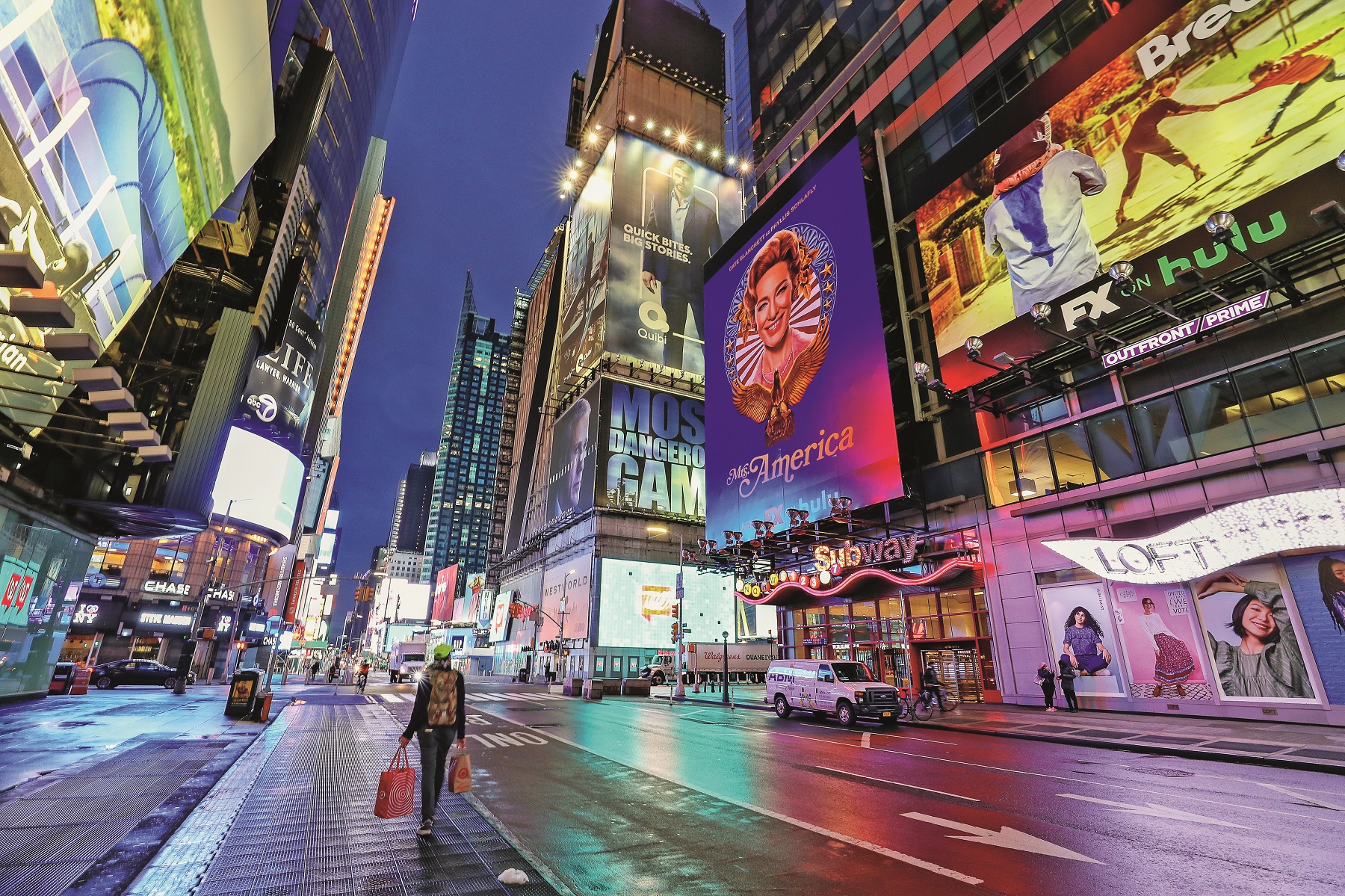 NEW YORK, NEW YORK - APRIL 24: Times Square is seen almost empty on April 24, 2020 in New York City. Streets continue to stay empty as the virus remains a threat. (Photo by Arturo Holmes/Getty Images)