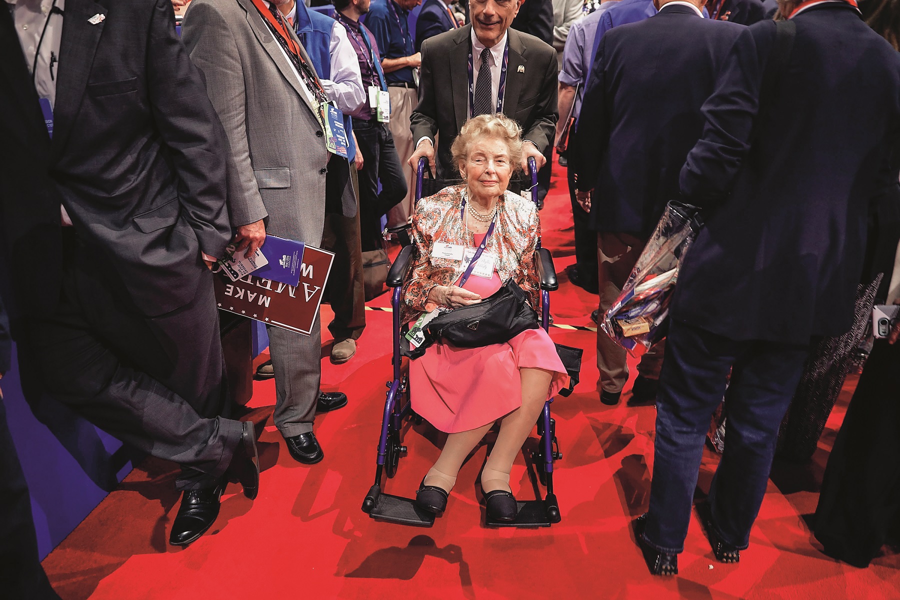CLEVELAND, OH - JULY 19:  Phyllis Schlafly, president of the Eagle Forum, is wheeled across the floor during the second day of the Republican National Convention at the Quicken Loans Arena July 19, 2016 in Cleveland, Ohio. A well-known conservative, Schlafly launched a successful campaign against the ratification of the Equal Rights Amendment to the U.S. Constitution in the 1970s.  (Photo by Chip Somodevilla/Getty Images)