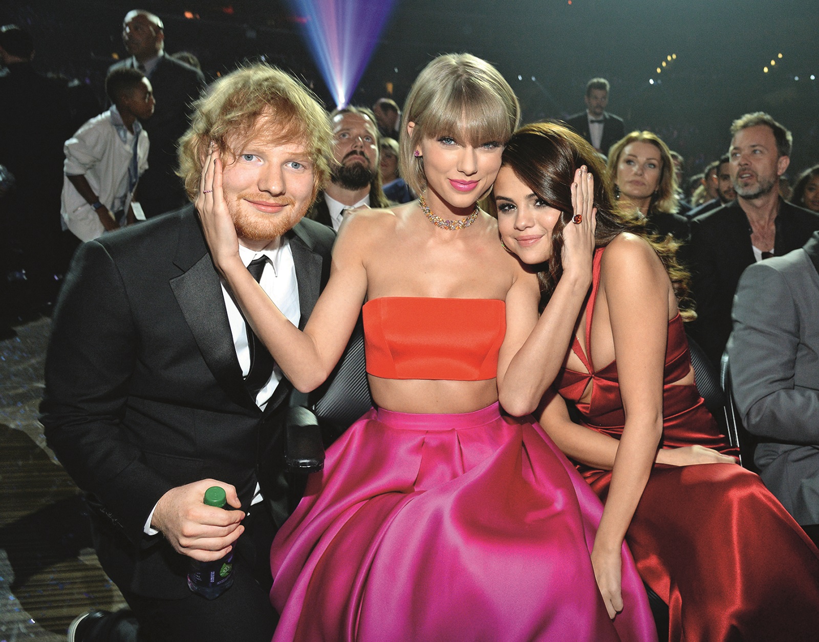 LOS ANGELES, CA - FEBRUARY 15:  Ed Sheeran, Taylor Swift and Selena Gomez attend The 58th GRAMMY Awards at Staples Center on February 15, 2016 in Los Angeles, California.  (Photo by Kevin Mazur/WireImage)