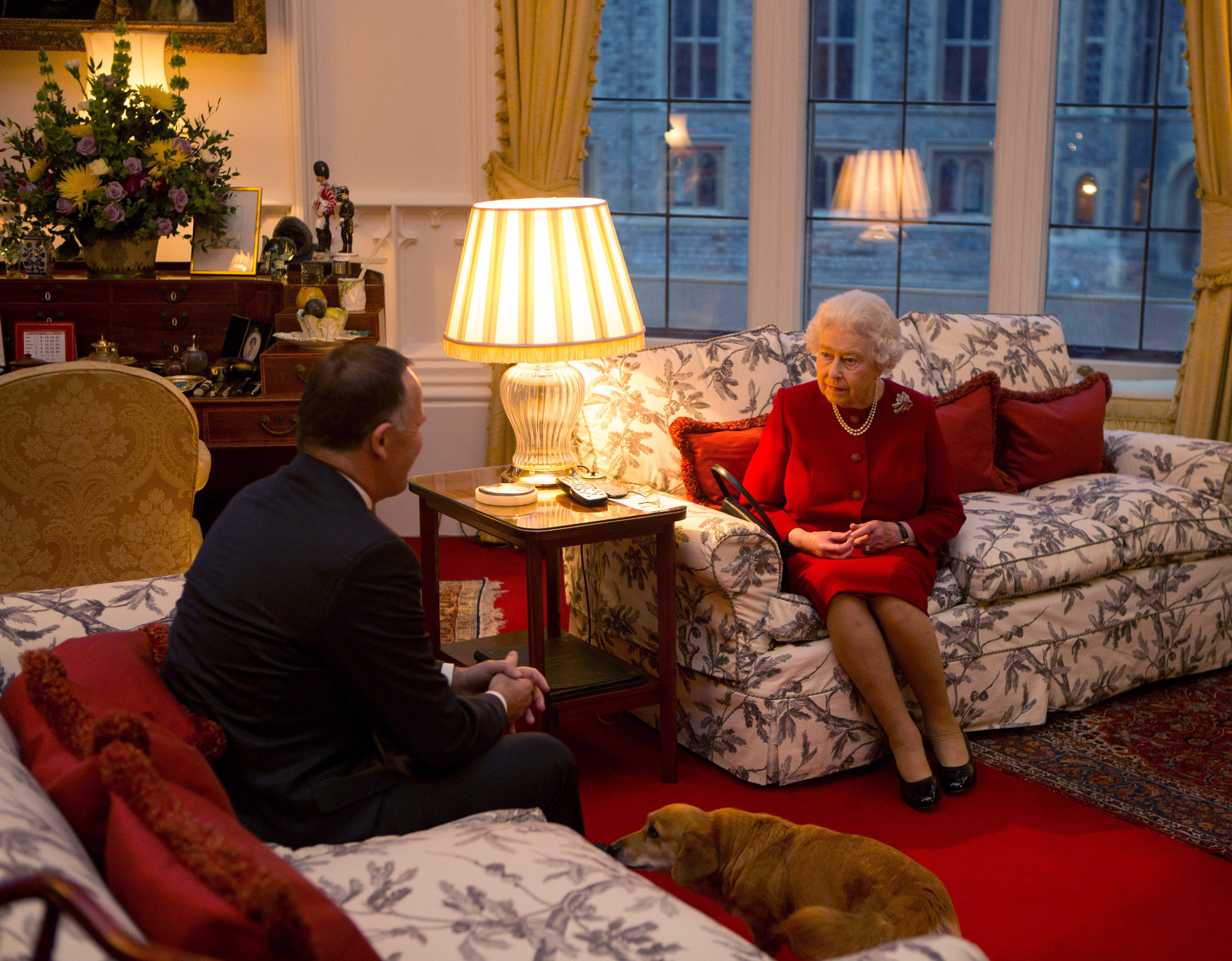 WINDSOR, ENGLAND - OCTOBER 30: Queen Elizabeth II speaks with Prime Minister of New Zealand John Key at a audience held at Windsor Castle on October 29, 2015 in Windsor, England. (Photo by Steve Parsons - WPA Pool/Getty Images)