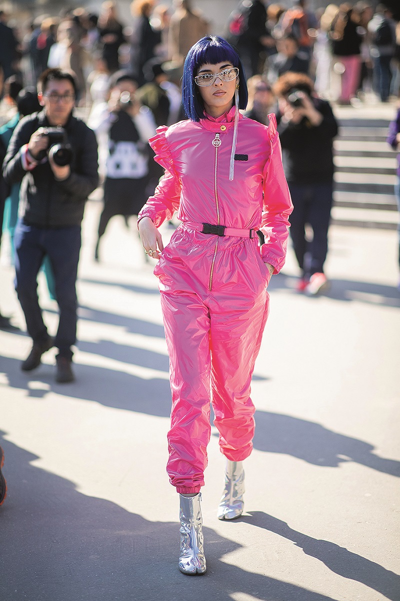 PARIS, FRANCE - FEBRUARY 27: Sita Abellan is seen wearing pink GCDS overall outside Maison Margiela during Paris Fashion Week Womenswear Fall/Winter 2019/2020 on February 27, 2019 in Paris, France. (Photo by Christian Vierig/Getty Images)