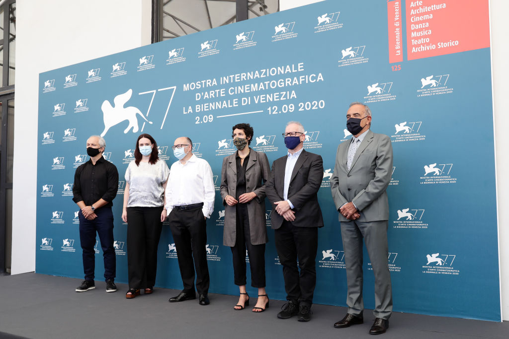 VENICE, ITALY - SEPTEMBER 02: (L-R) Karel Och, Vanja Kaludjercic, Jose Luis Rebordinos, Lili Hinstin, Thierry Fremaux and Alberto Barbera attend the photocall at the 77th Venice Film Festival on September 02, 2020 in Venice, Italy. (Photo by Vittorio Zunino Celotto/Getty Images)