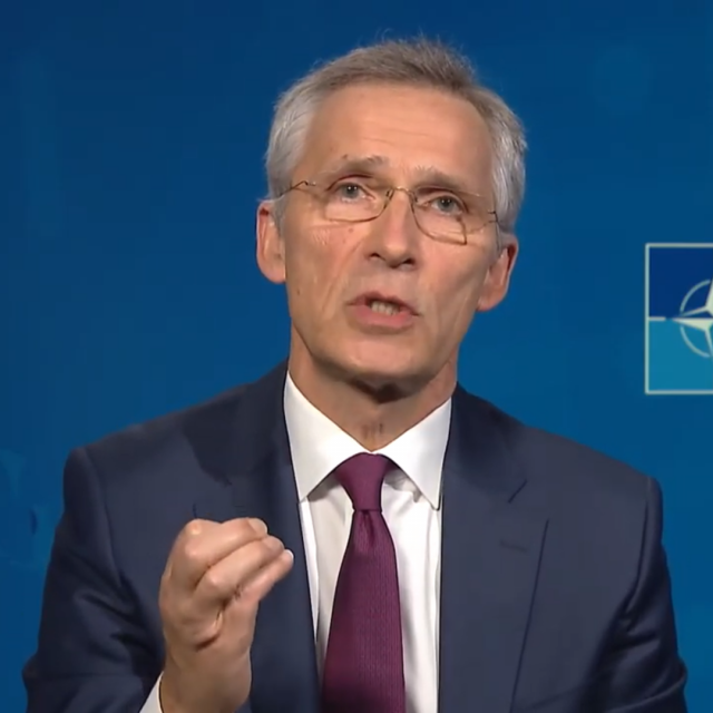 Cut from the video interview. On the photo: NATO Secretary-General Jens Stoltenberg