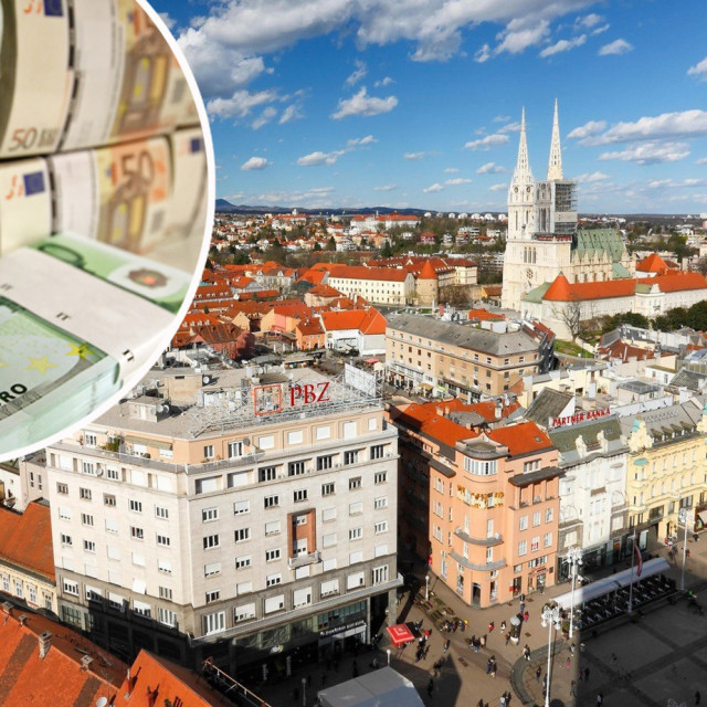 Ilustracija: panorama Zagreba i novčanice eura u krugu