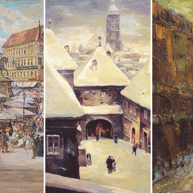 'Jelačićev trg' Mencija Clementa Crnčića iz 1911. (lijevo), “Kamenita vrata u snijegu” Vladimira Kirina (u sredini) i “Ilica” Zorana Mušiča 
iz 1934. godine (desno)