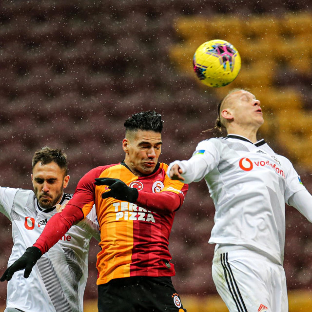 ISTANBUL, TURKEY - MARCH 15: Falcao (C) of Galatasaray in action against Victor Ruiz (L) and Domagoj Vida (R) of Besiktas during the Turkish Super Lig week 26 football match between Galatasaray and Besiktas, being played behind closed doors over coronavirus (Covid-19) concerns on March 15, 2020 at Turk Telekom Stadium in Istanbul, Turkey. Salih Zeki Fazlioglu/Anadolu Agency