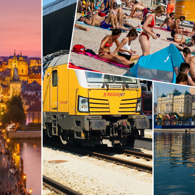 Prag, vlak RegioJeta, Rijeka i ilustracija plaže