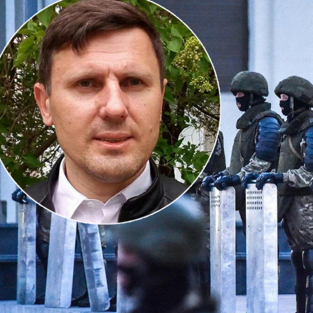 Policija čuva vladine prostorije u Minsku; u krugu: Aleksandar Burakov