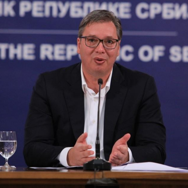 BELGRADE, SERBIA - JULY 7: Serbian President Aleksandar Vucic makes a speech as curfew at this weekend will impose to curb the spread of the novel coronavirus (COVID-19) pandemic, and more than 5 people are forbidden to come together from tomorrow, in Belgrade, Serbia on July 7, 2020. Milos Miskov/Anadolu Agency