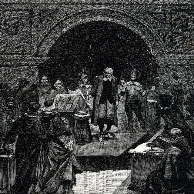 Gravura Galileovog pojavljivanja pred Inkvizicijom iz djela ”Les pretres et les moines a travers les ages” iz 1857.