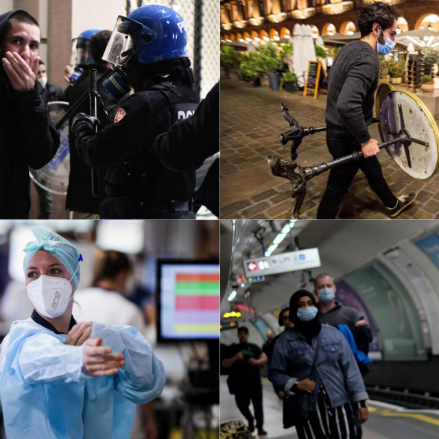 Prosvjed u Italiji (gore lijevo); zatvaranje kafića u Francuskoj (gore desno); bolnica u Belgiji (dolje lijevo); građani Londona pod maskama u metrou (dolje desno)