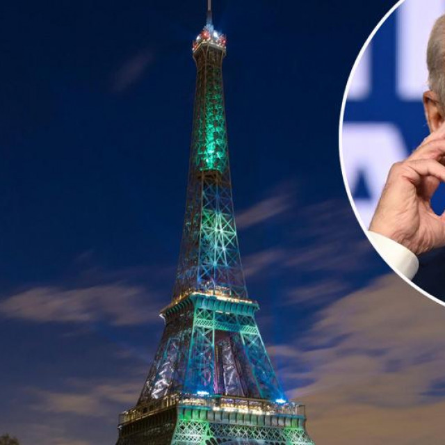 Eiffelov toranj osvijetljen u zelenoj boji i Joe Biden u krugu