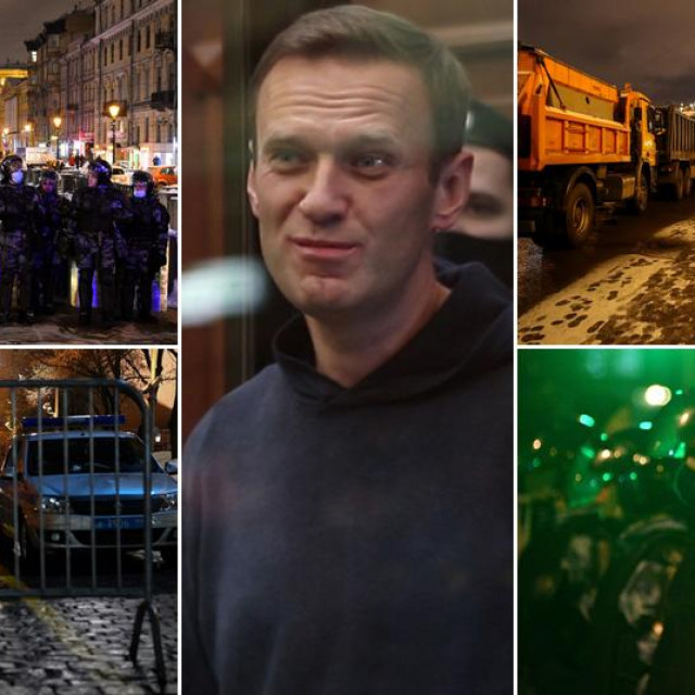 Prizori iz Moskve tijekom izricanja presude i Aleksej Navaljni u sredini