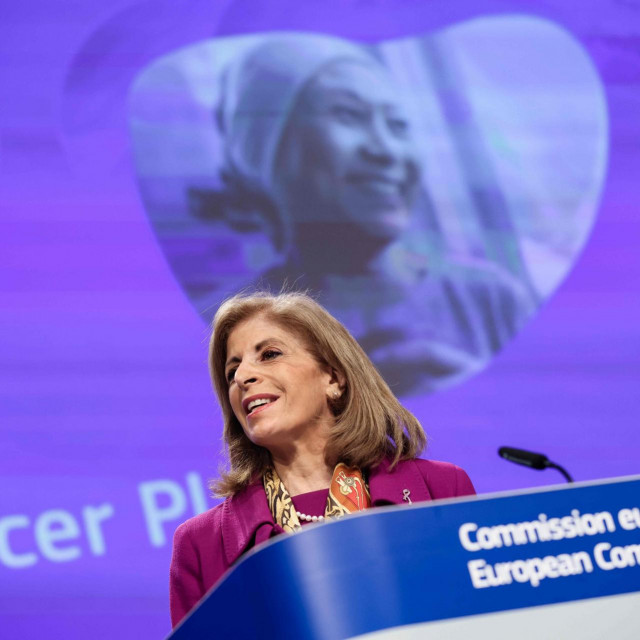 European Union Health Commissioner Stella Kyriakides speaks during a press conference on Europe�s Beating Cancer Plan on February 3, 2021 at EU headquarters in Brussels. (Photo by Kenzo TRIBOUILLARD/POOL/AFP)