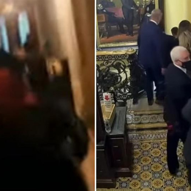 Snimke iz Kapitola, rulja lijevo, Mike Pence desno
