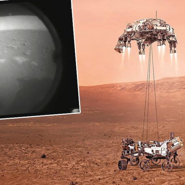 Ilustracija rovera Perseverance; u pravokutniku: prva fotografija koju je Perseverance napravio na površini Marsa