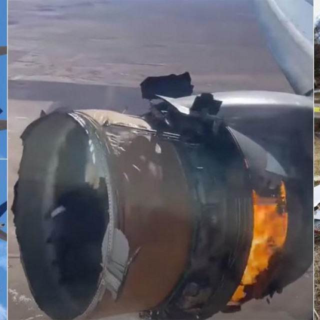 Zapaljeni motor zrakoplova u letu; krhotine na tlu