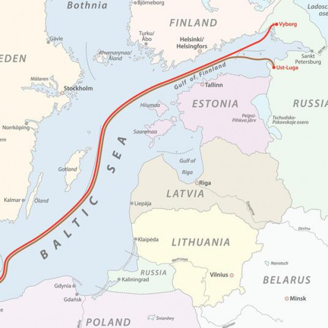 Karta koja prikazuje kuda prolazi plinovod Sjeverni tok 2, s lijeve strane Vladimir Putin i prizori gradnje plinovoda