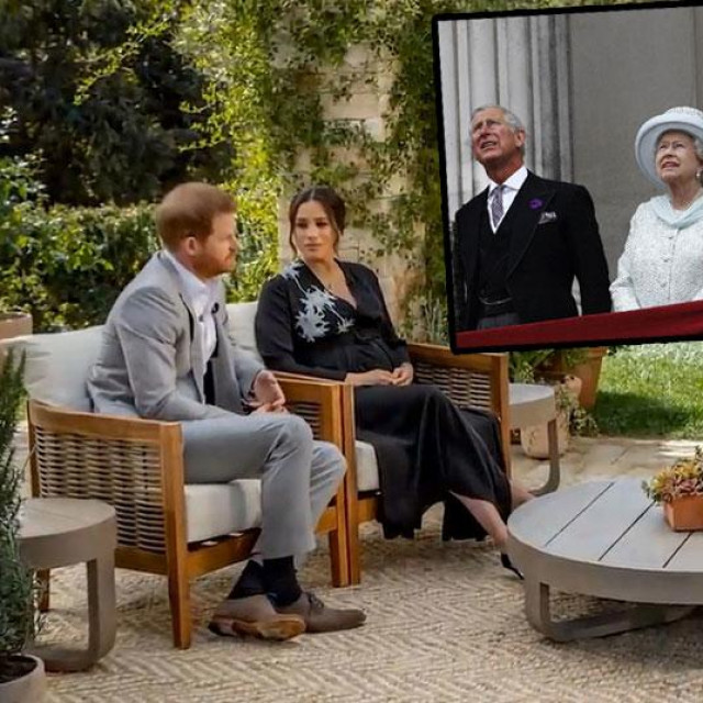 Princ Harry i Meghan Markle u društvu Oprah Winfrey (glavna fotografija), princ Charles, kraljica Elizabeta II i princ William (gore)