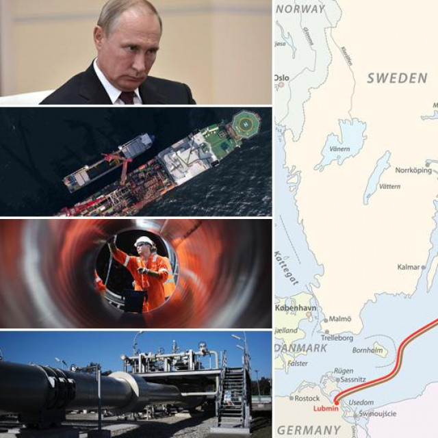 Karta koja prikazuje kuda prolazi plinovod Sjeverni tok 2, s lijeve strane Vladimir Putin i prizori gradnje plinovoda