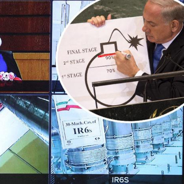 Iranski predsjednik Rohani u subotu je putem videokonferencije održao govor na Iranski dan nuklearne tehnologije (glavna kolaž-fotografija); Benjamin Netanyahu snimljen na Općoj skupštini UN-a prije nekoliko godina kako upozorava na opasnost iranskog nuklearnog programa (gore desno)