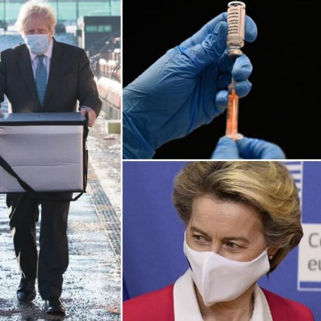 Lijevo: Angela Merkel i prizor cijepljenja u Britaniji; U sredini: Boris Johnson nosi kutiju s cjepivima AstraZenece; Desno: Doza cjepiva i Ursula von der Leyen