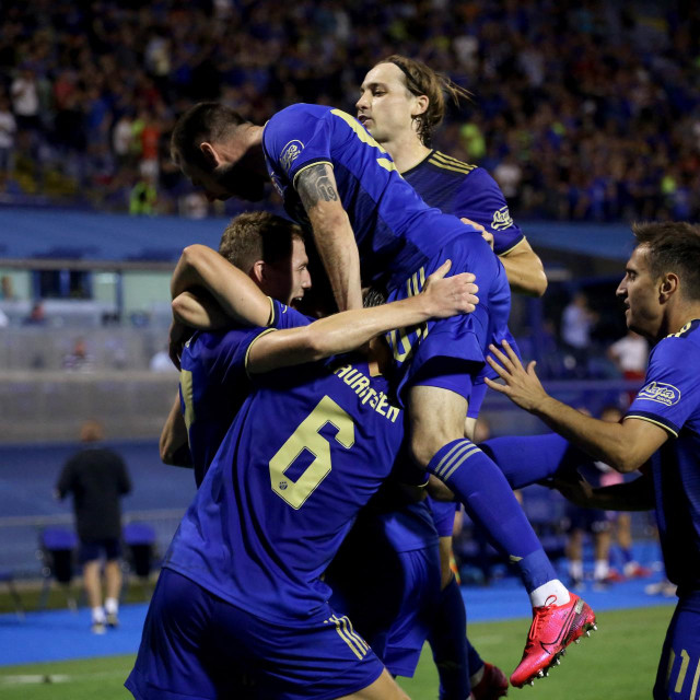 ZAGREB, CROATIA - JULY 20: Players of Dinamo Zagreb celebrate after scoring a goal during UEFA Champions League Qualifying Second Round match between Dinamo Zagreb and Omonoia at Maksimir Stadium in Zagreb, Croatia on July 20, 2021. Stipe Majic/Anadolu Agency (Photo by Stipe Majic/ANADOLU AGENCY/Anadolu Agency via AFP)