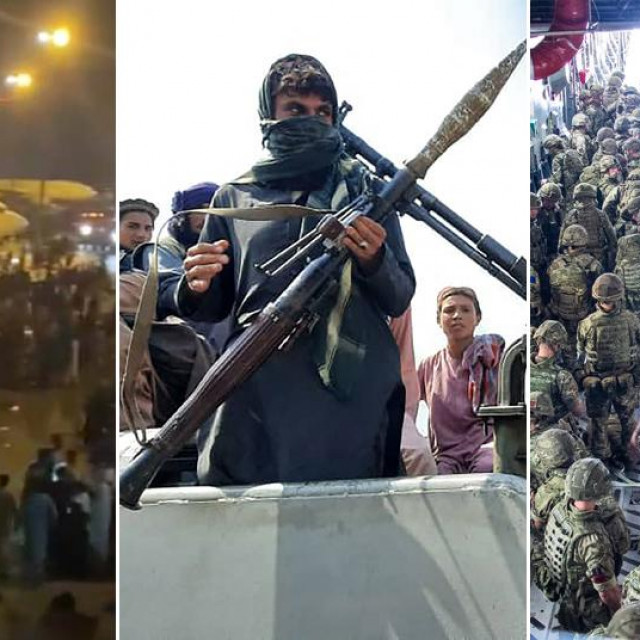 Kaos na aerodromu u Kabulu (lijevo), talibanski borac (u sredini), britanski vojnici (desno)