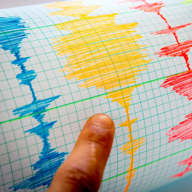 Seismological device for measuring earthquakes. Seismological activity lines on the sheet of measuring paper. Earthquake wave on graph paper. Vignette image. Human finger showing a detail.,Image: 299915020, License: Royalty-free, Restrictions:, Model Release: no, Credit line: Pluto/Alamy/Alamy/Profimedia