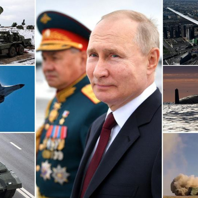 &lt;p&gt;Lijevo: raketni sustav S-400, borbeni avion Su-35S, tenk Armata; u sredini: Vladimir Putin; desno: supersonični bombarder Tu-160 Blackjack, nuklearna balistička podmornica klase Borei i projektil Iskander&lt;/p&gt;
