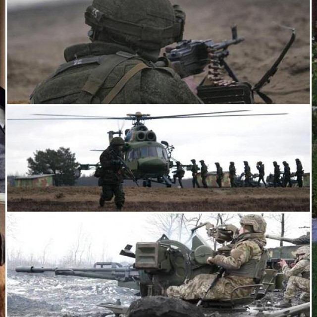 Lijevo: Petro; sredina: prizori ruskih i ukrajinskih postrojbi tijekom vježbi; desno: Sergej
