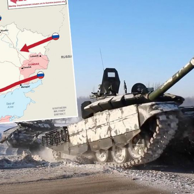 &lt;p&gt;Karta britanskog ministarstva obrane koja pokazuje moguće smjerove napada ruskih snaga na Ukrajinu i ruski tenk&lt;/p&gt;
