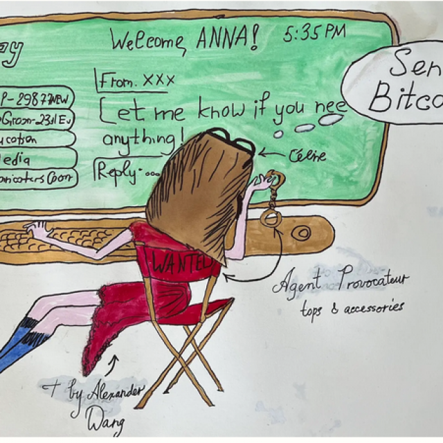 Izložba Free Anna Delvey

anna sorokin, send bitcoin, crtež

