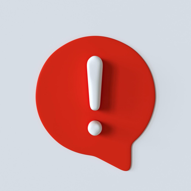 &lt;p&gt;Exclamation icon with 3d effect, red and white speech bubble sign, warning attention mark isolated on white. 3d illustration&lt;/p&gt;